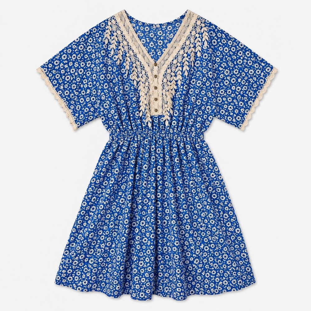 Blue Daisy Floral Lace Rhinestone Prairie Boho Midi Dress Cottagecore Soft M